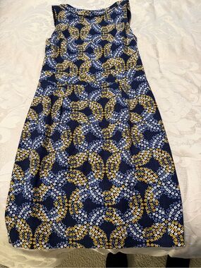 Boden Navy Blue A-Line Dress with Yellow & White Circular Print
